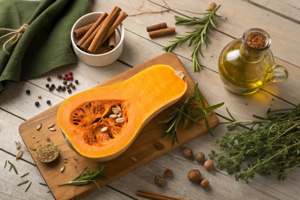 Fresh halved butternut squash on a rustic table with spices and herbs