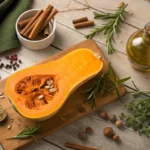 Fresh halved butternut squash on a rustic table with spices and herbs