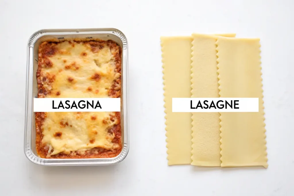 Graphic showing a pasta sheet labeled "lasagna" and a full dish labeled "lasagne