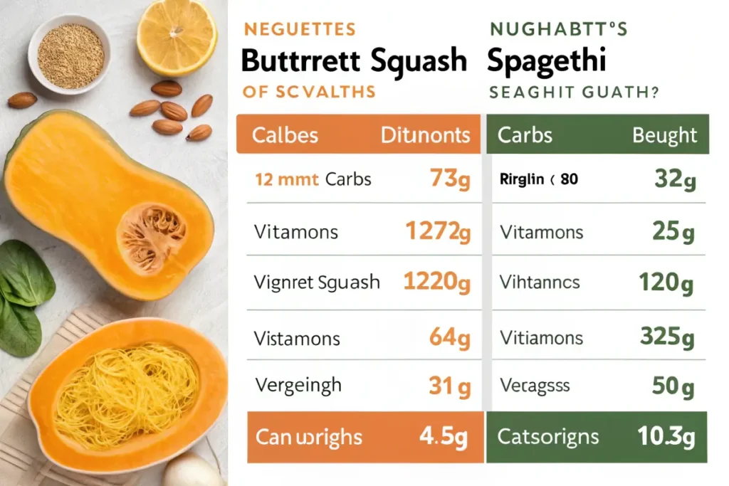 Nutritional comparison chart of butternut and spaghetti squash