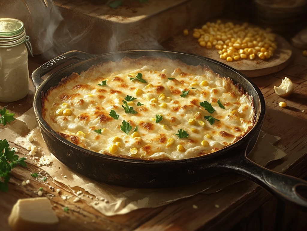 Rustic corn cheese skillet with bubbling mozzarella and fresh parsley garnish