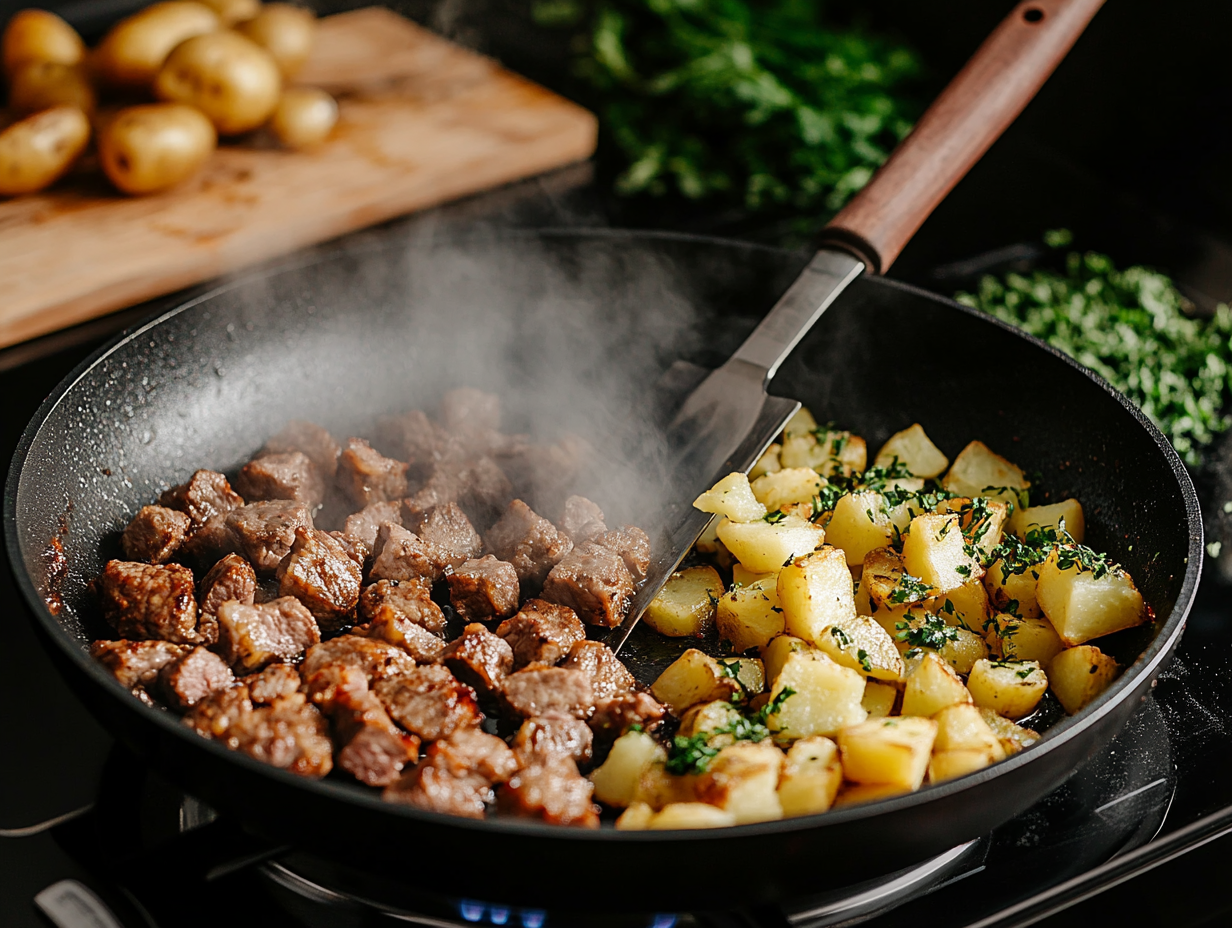 Do you cook potatoes or meat first?